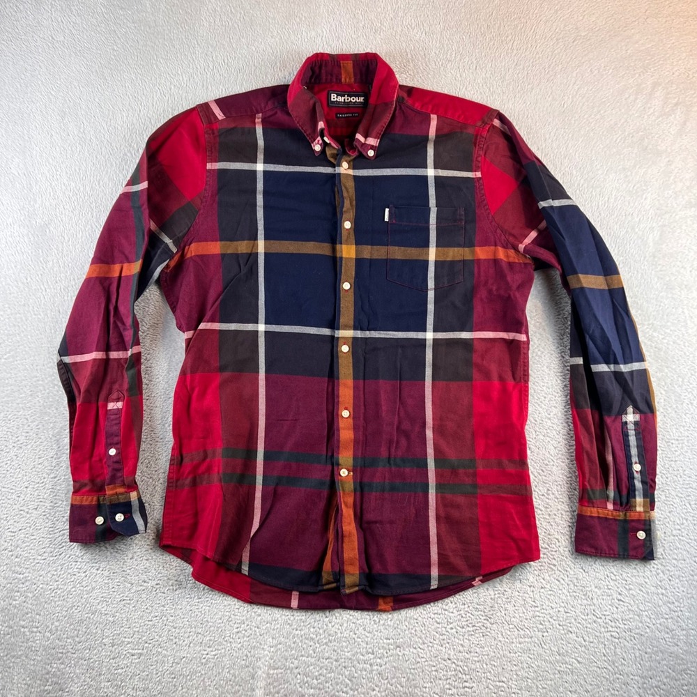 Barbour Tailored Fit Plaid Button Down Shirt Mens Small Red Navy Blue Check